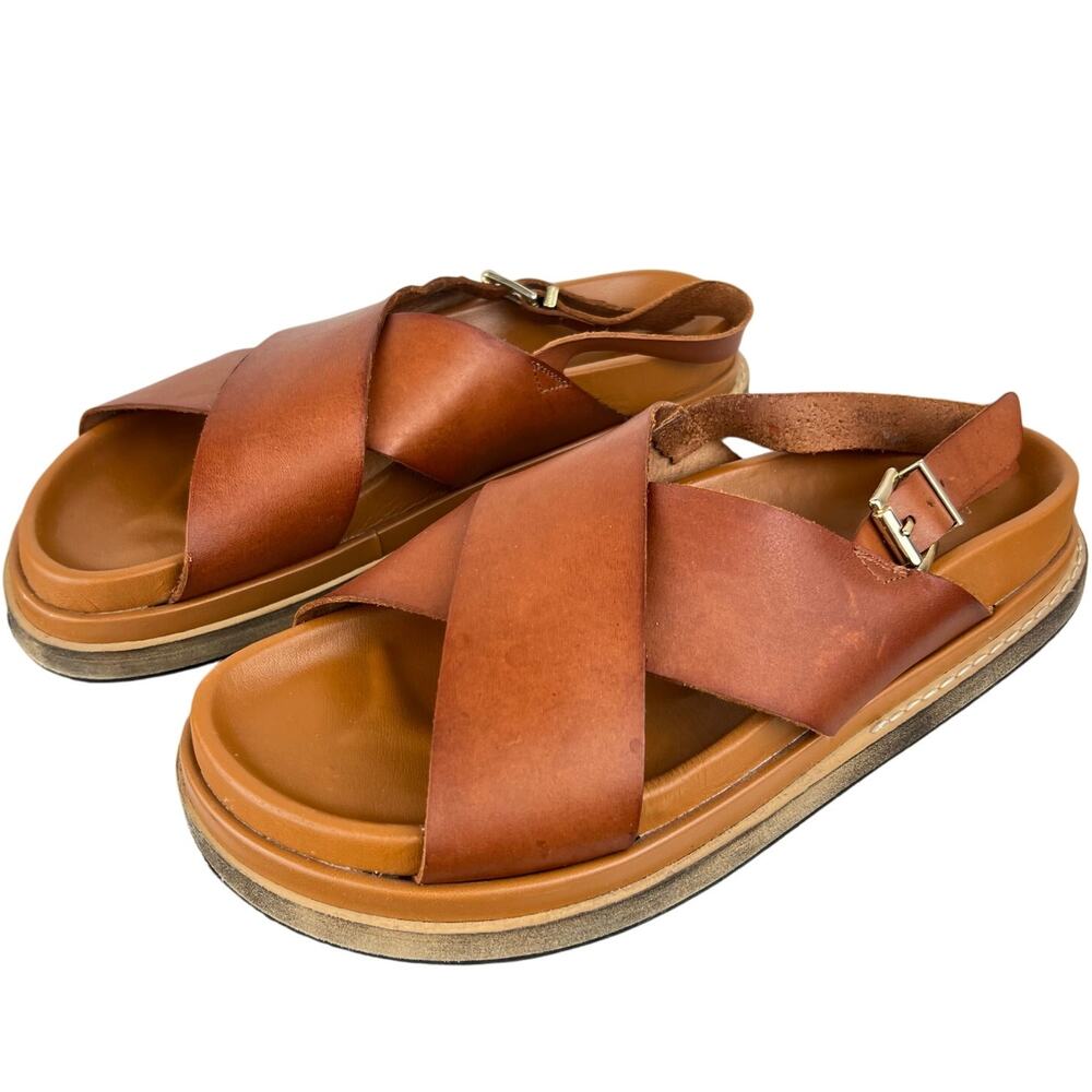 ALOHAS Leather Marshmallow Crossover Strap Platform Sandals in Tan (Sz 9.5)